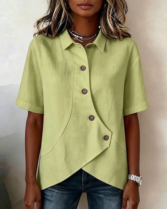 Asymmetrical Cotton Linen Placket Button-Down Shirt