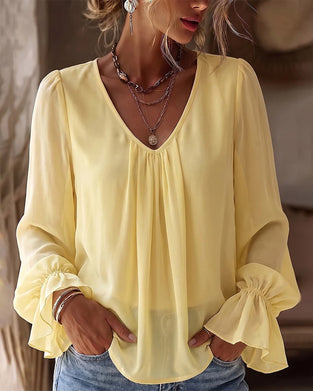 V-Neck Smocked Puff Sleeve Ruffle Blouse