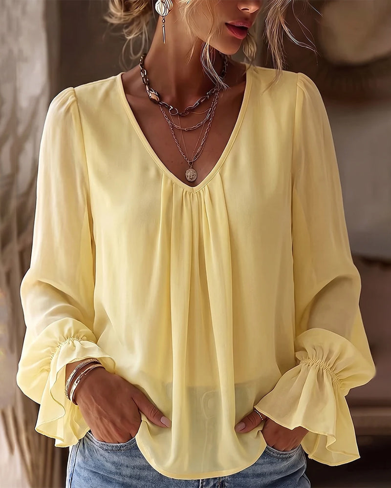 V-Neck Smocked Puff Sleeve Ruffle Blouse