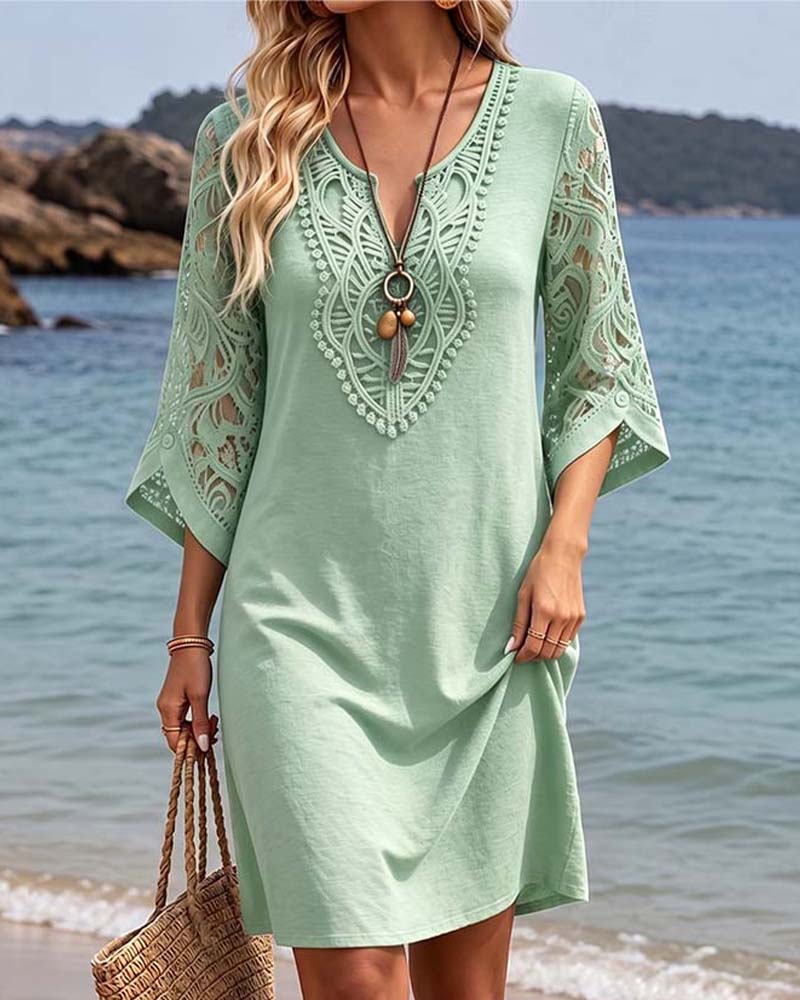 V-Neck Lace Solid Color Dress