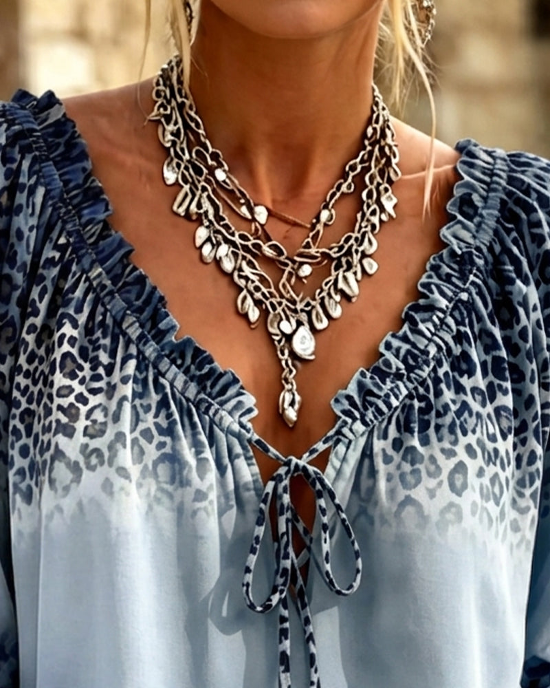 V-Neck Leopard Print Lace-Up Blouse