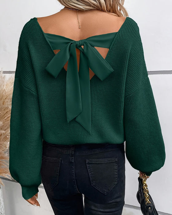 Backless Bow V-Neck Pullover