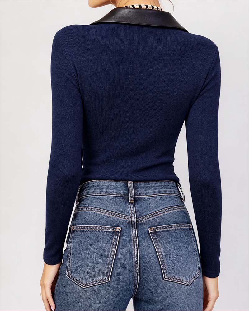 PU Lapel Cross Long Sleeve Top