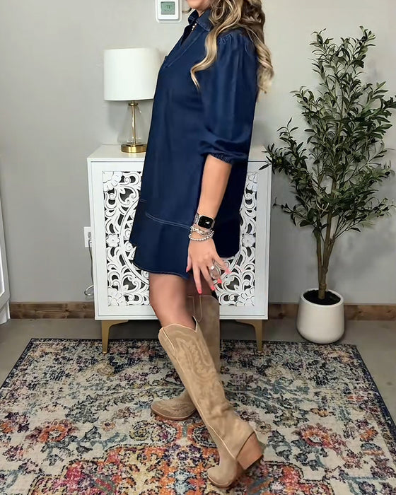 Collared Lantern Sleeve Denim Dress