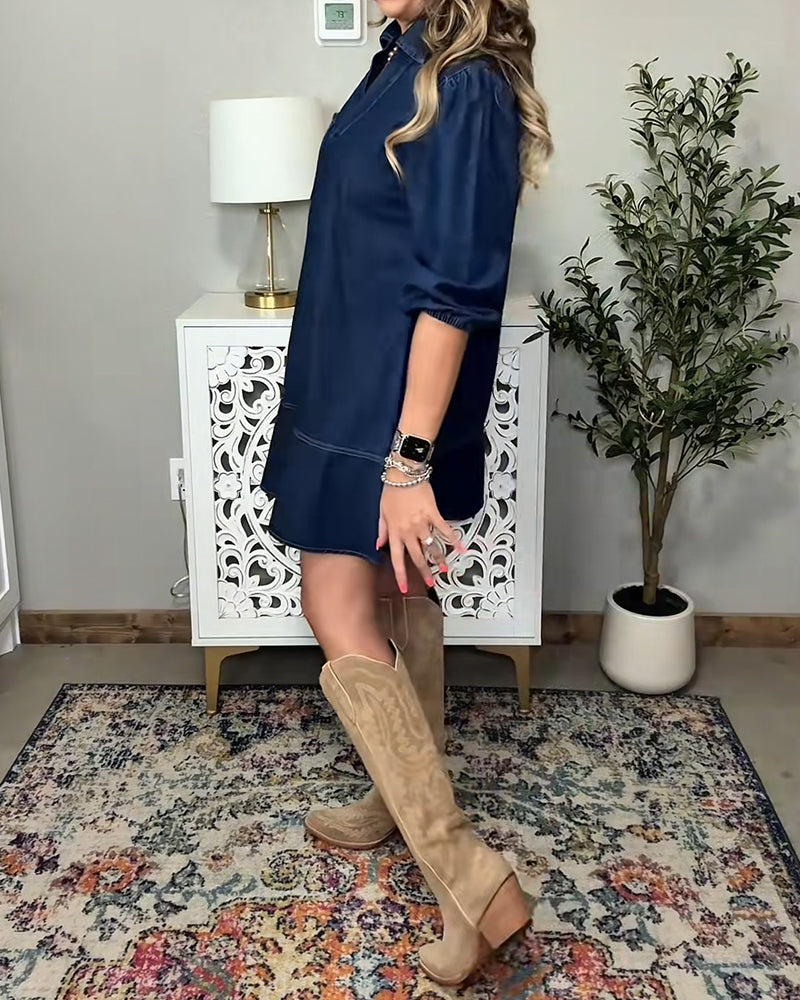 Collared Lantern Sleeve Denim Dress