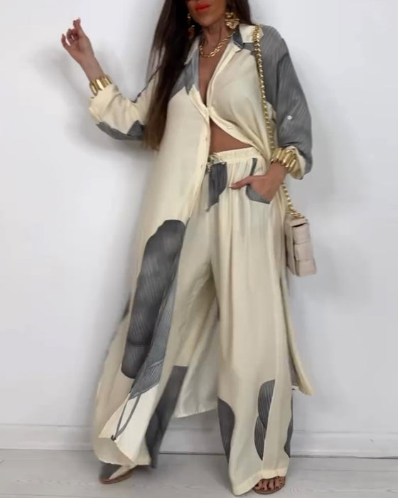 Lapel Button Colorblock Striped Straight Pants Suit