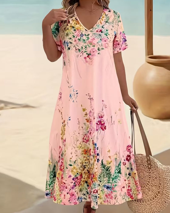 Watercolor Floral V-Neck Dress