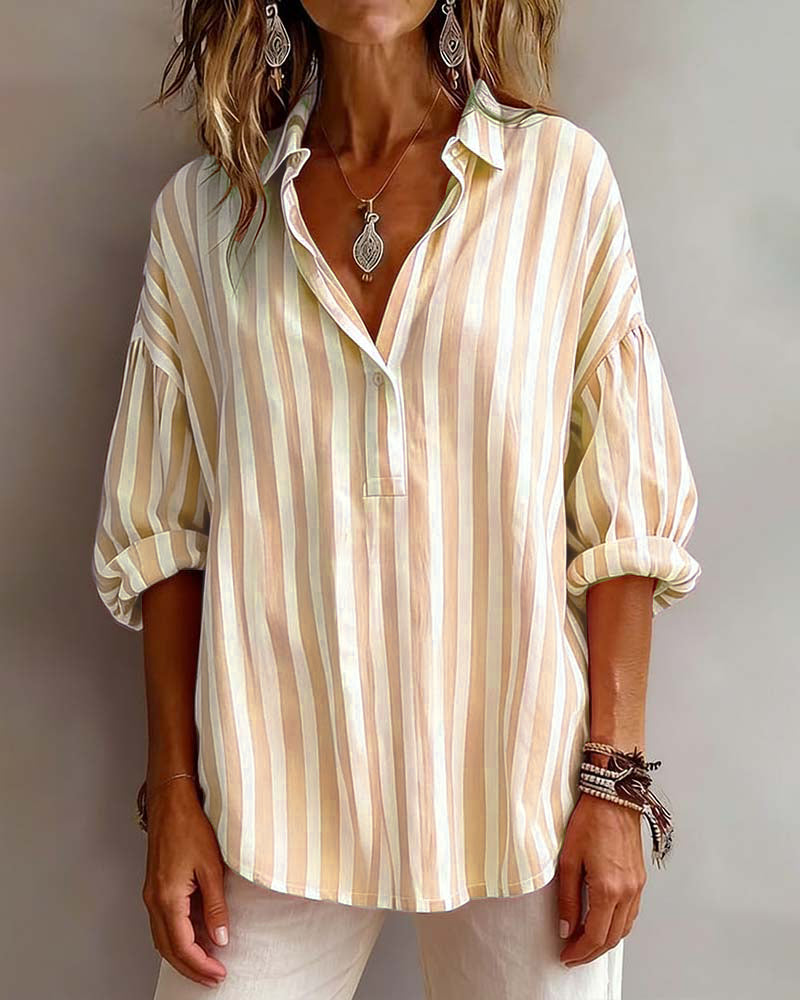 Striped Loose-Fitting Collared Blouse