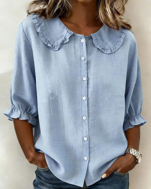 Peter Pan Collar Cotton Linen Ruffled Button-Front Shirt