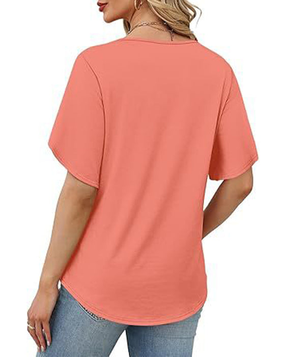 V-Neck Small Slit Short Sleeve Solid T-Shirt