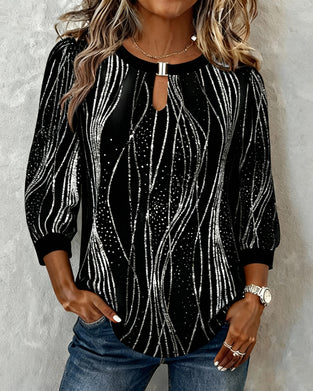 Fashionable Line Print Hollow Neck Top