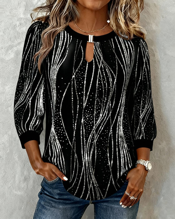 Fashionable Line Print Hollow Neck Top