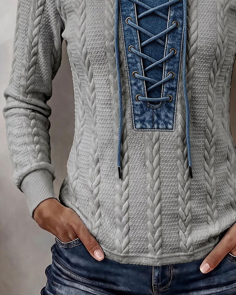 Tie Patchwork Casual Sweatshirt