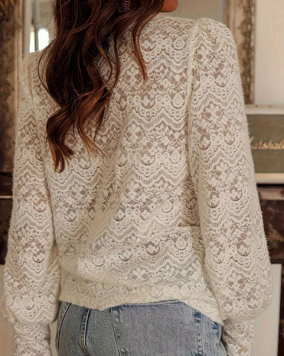 Long-Sleeve Solid Color V-Neck Lace Blouse