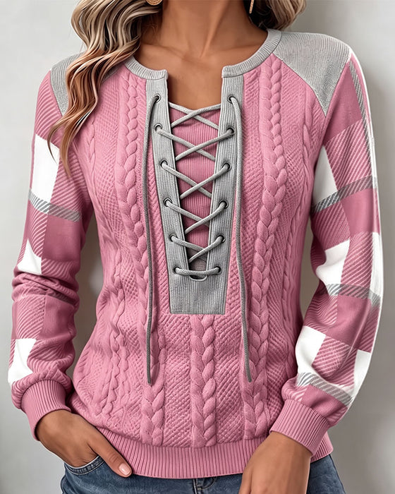 Round Neck Strappy Plaid Print Sweatshirt