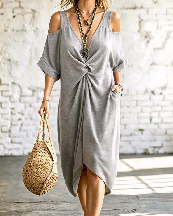 Solid Color Cold Shoulder Shirred Dress