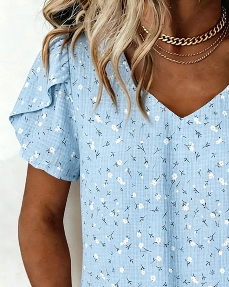 V-Neck Floral Short Sleeve T-Shirt