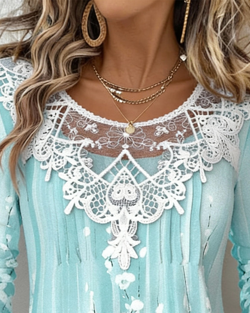 Lace-Trimmed Round-Neck Floral Long-Sleeved Top