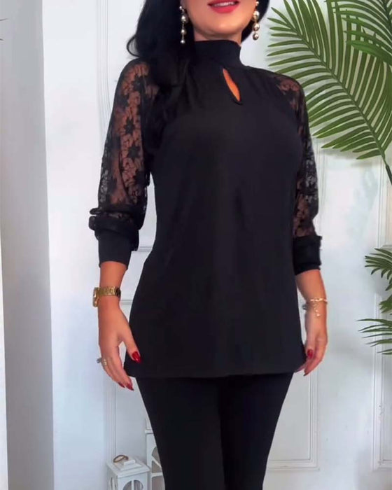 Fashion Solid Color Crochet Lace Sleeve Patchwork Top