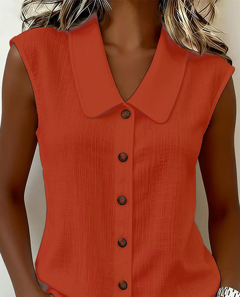 Sleeveless Lapel Linen-Cotton Shirt