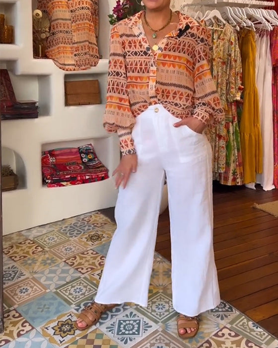 Lapel retro printed shirt