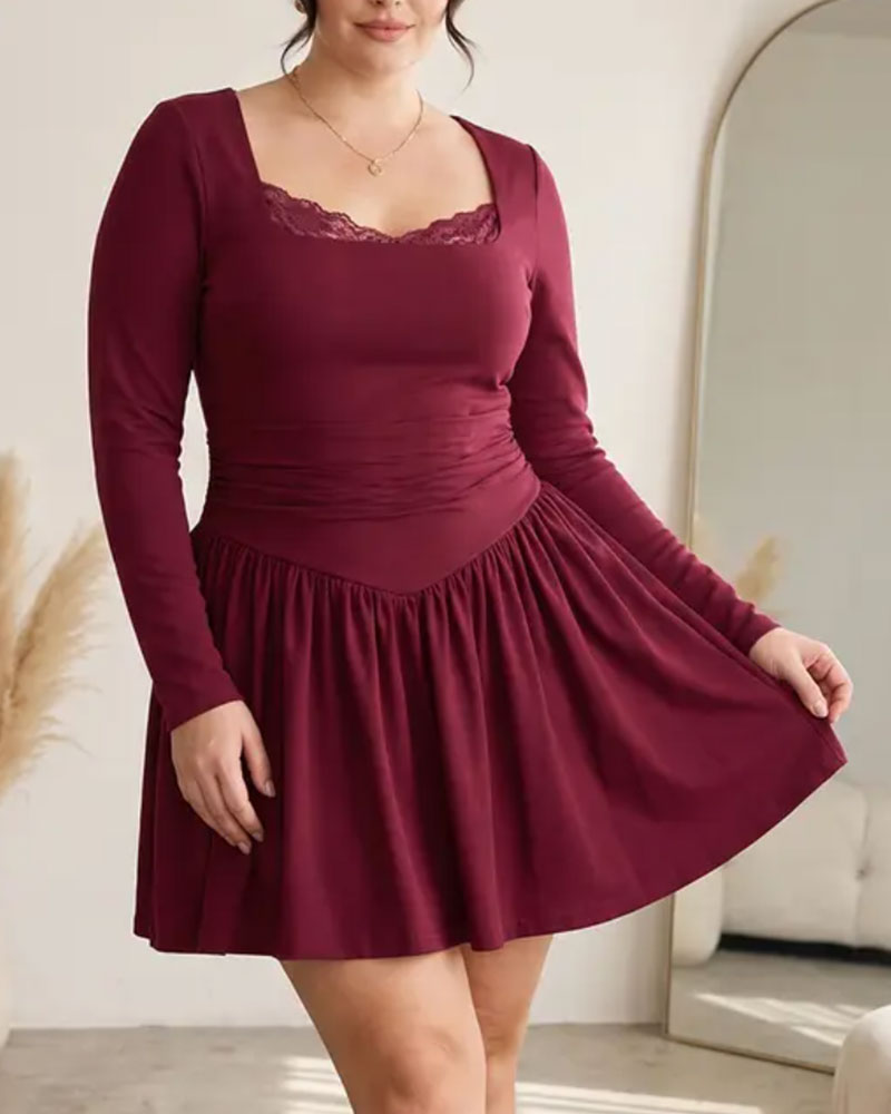 Square Neck Lace Waist A-Line Dress