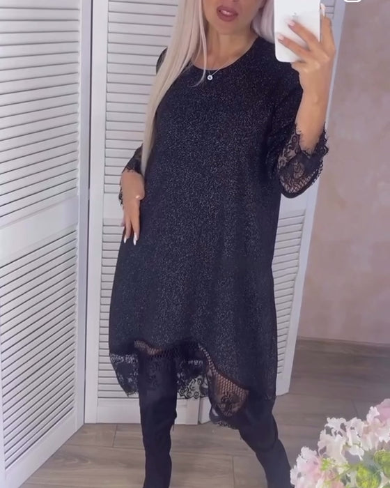 Solid color lace stitching elegant dress