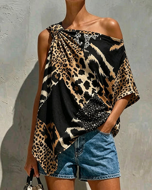 Leopard Print Patchwork One Shoulder Blouse
