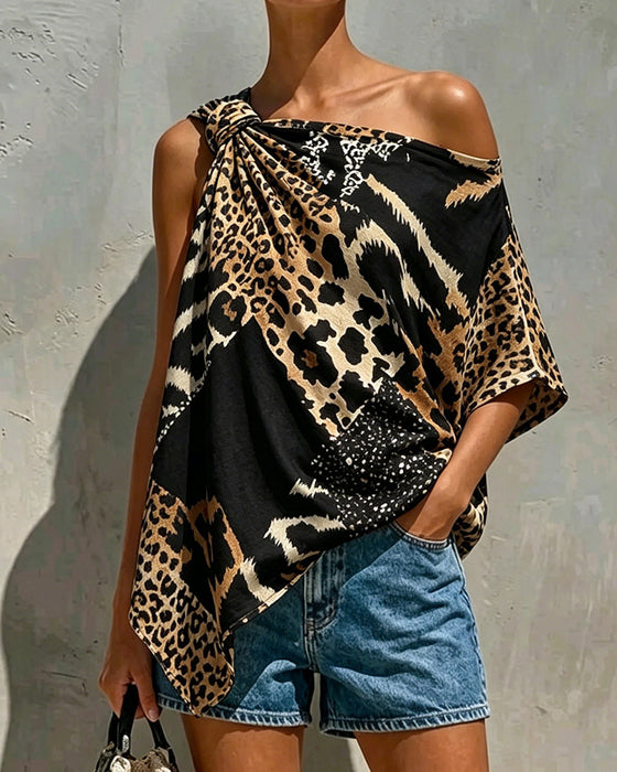Leopard Print Patchwork One Shoulder Blouse