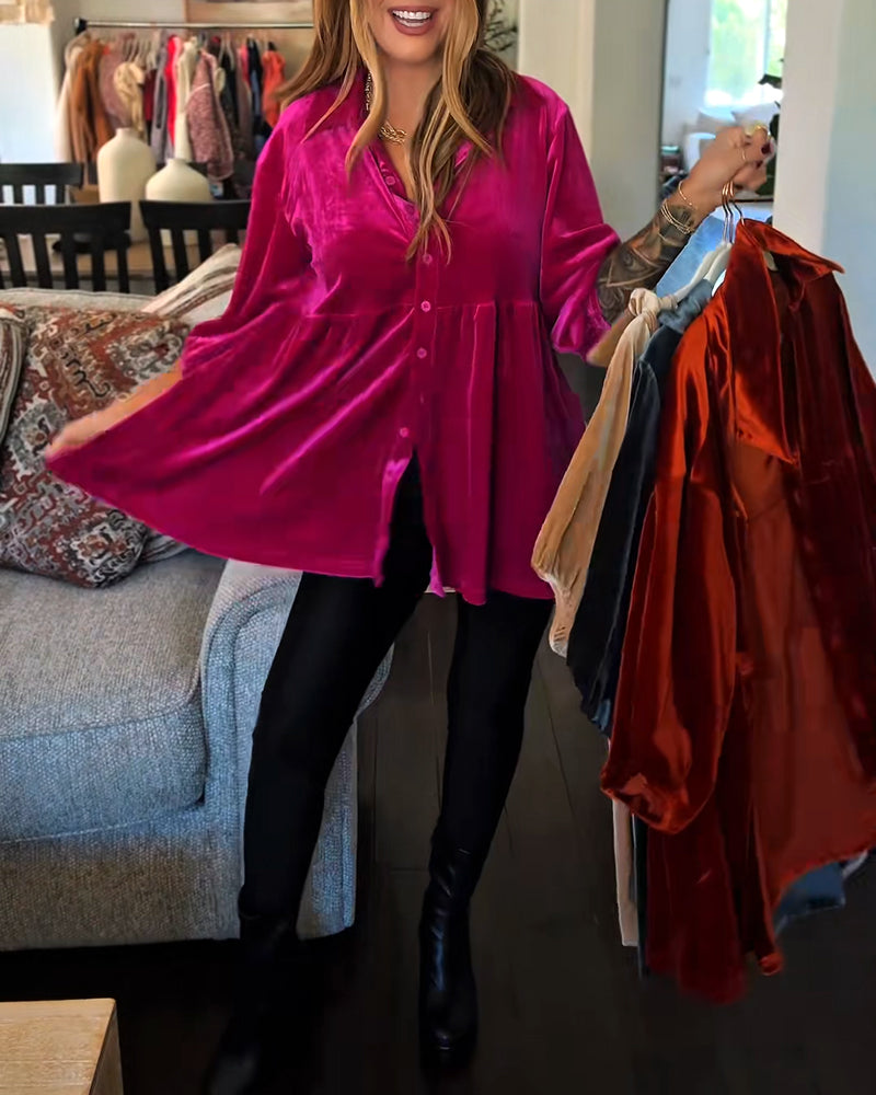 Loose-Fitting Velvet Three-Quarter Sleeve Blouse