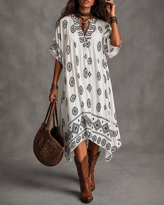 V-Neck Printed Short-Sleeved Dress