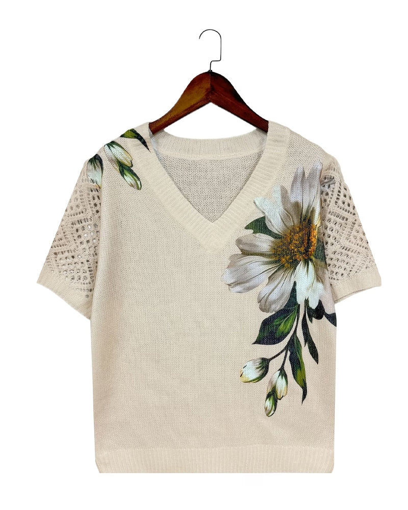 V-Neck Knitted Floral Pullover