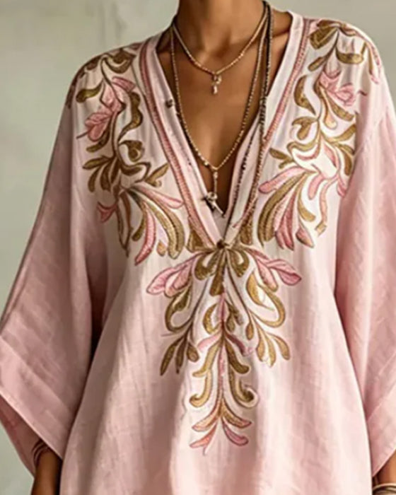 V-Neck Embroidered Wide-Leg Pants Set