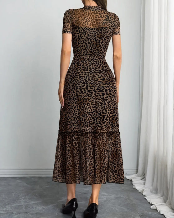 Leopard Mock Neck Mesh Midi Dress