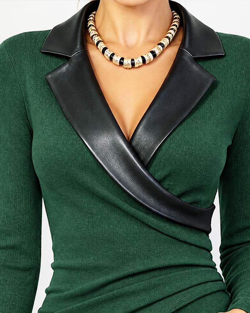 PU Lapel Cross Long Sleeve Top