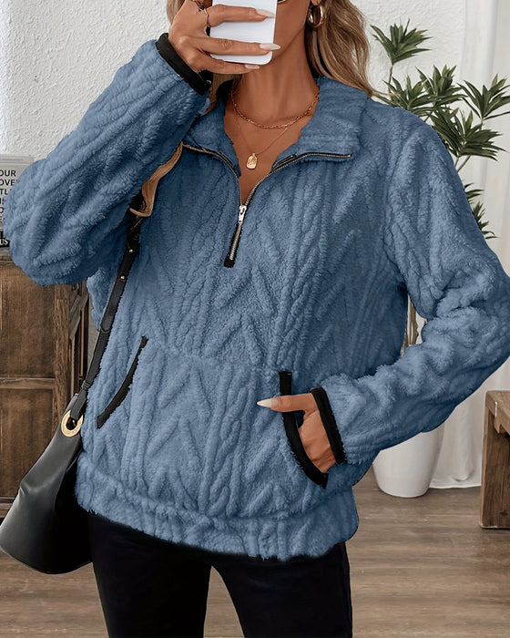 Lapel Zipper Front Fuzzy Sweatshirt