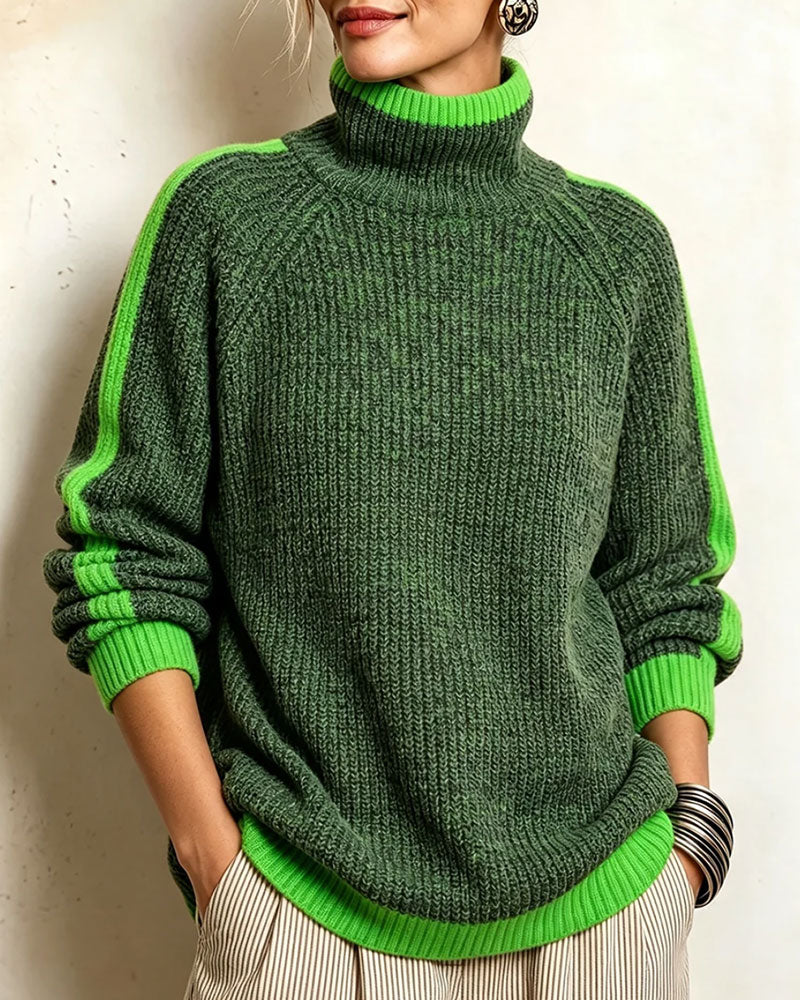Turtleneck Contrast Raglan Sleeve Pullover