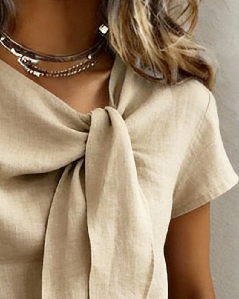 Linen-Blend V-Neck Short Sleeve Casual Blouse
