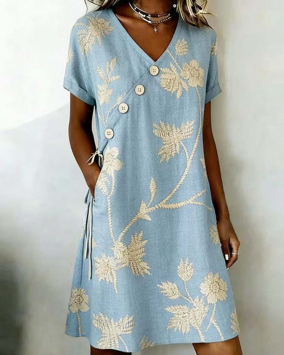 Diagonal Button Print V-Neck Mini Dress
