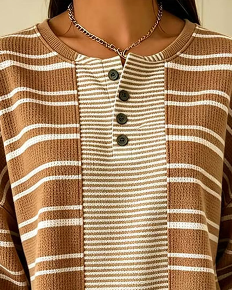 Striped Patchwork Long Sleeve Henley Sweatshirt