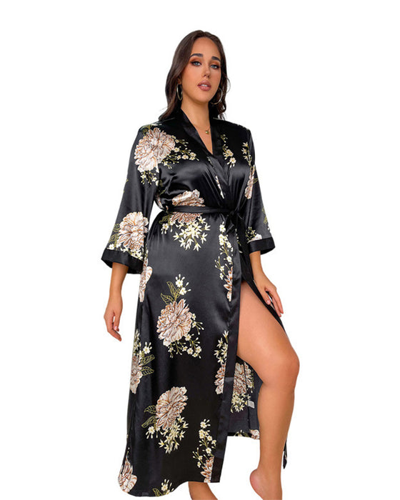 Large size printed imitation silk sexy nightdress