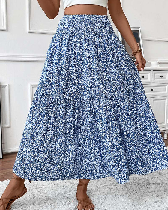 Layered Tiny Flower Print A-Line Long Skirt