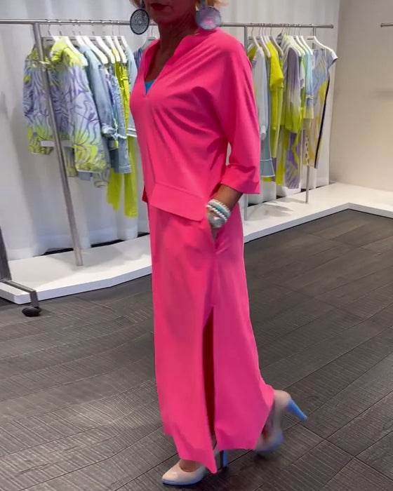 Slit V-neck solid color dress