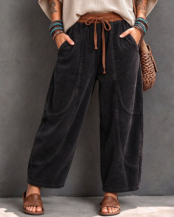 Elastic Waist Color-Block Cropped Wide-Leg Pants