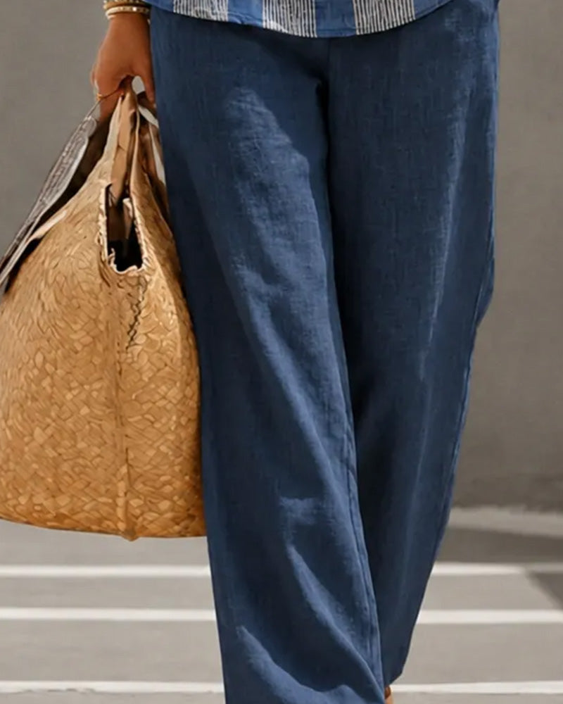 Contrast Color Striped Irregular Button Wide-Leg Pant Set
