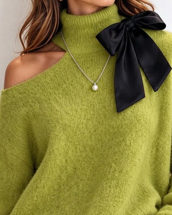 Turtleneck Bow Off-Shoulder Lace Patchwork Pullover