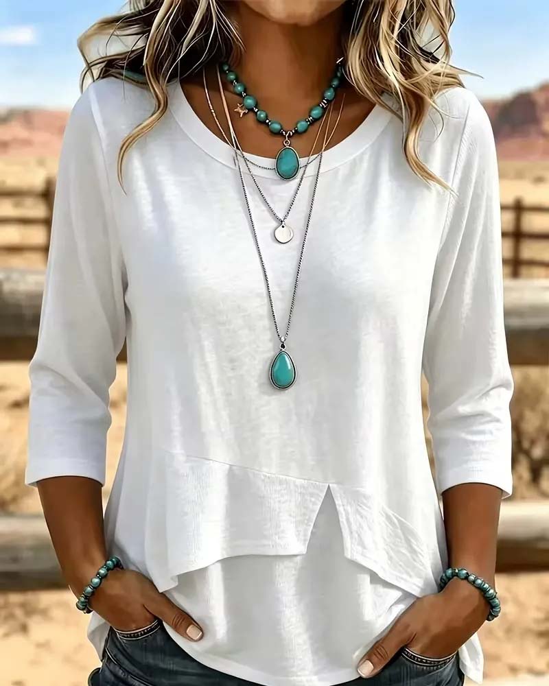 Crew Neck Patchwork Asymmetric Hem Top