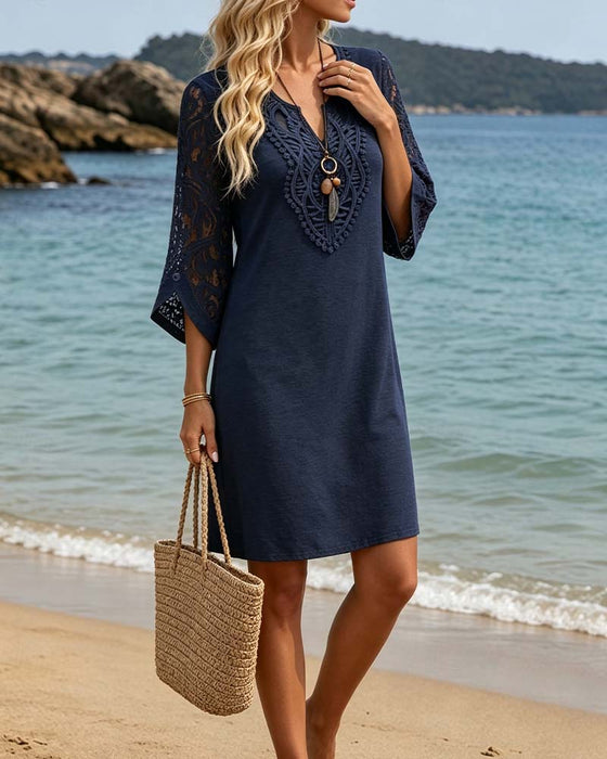 V-Neck Lace Solid Color Dress