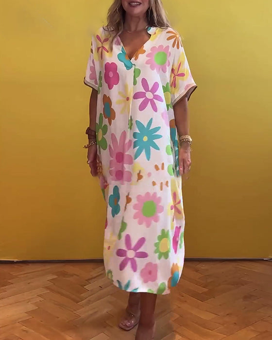Loose V-neck floral print dress