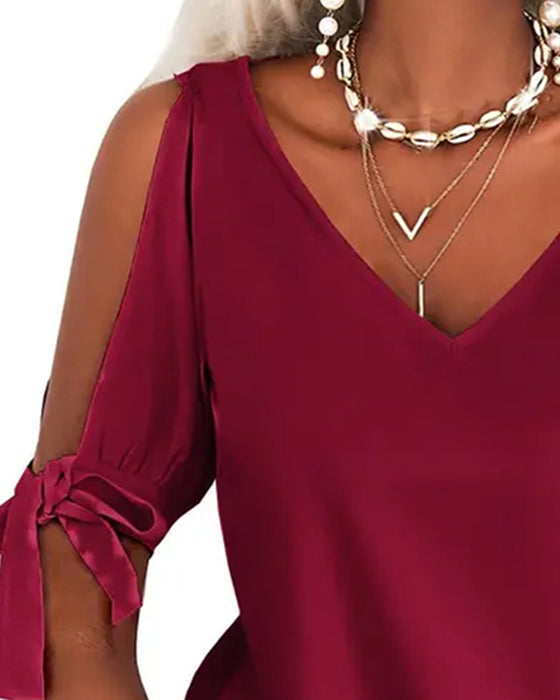 V-Neck Cold Shoulder Solid Tie Blouse